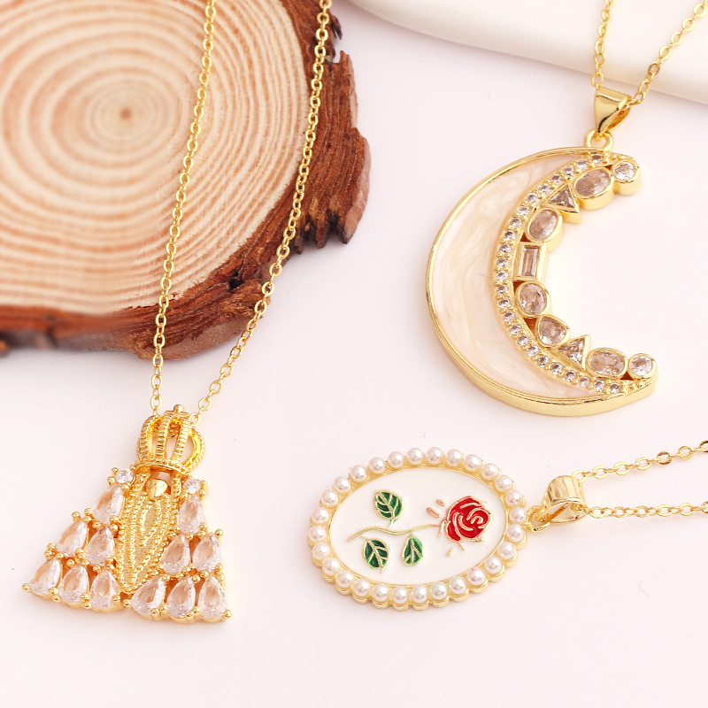 Fashion Moon Rose Flower Copper Enamel Plating Inlay Artificial Pearls Zircon Pendant Necklace 1 Pie