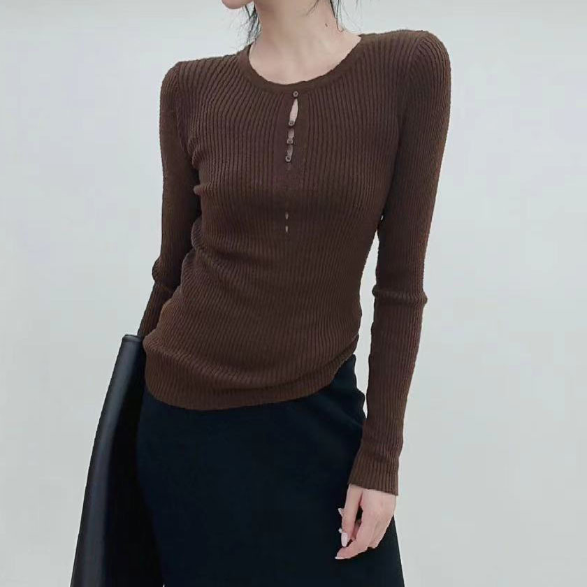 Round Neck Long-Sleeved Hollow-Out Knit Top for Women, Base Layer Shirt, 2025 Autumn and Winter Top with Button Design and Hollow-Out Design