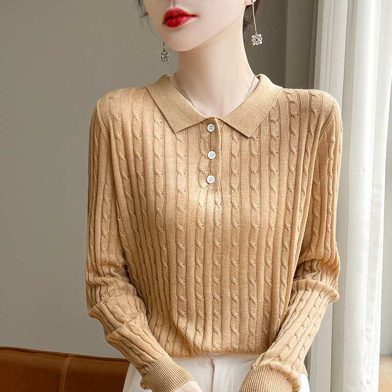 Polo Collar Pullover Twist Buttoned 2024 Autumn and Winter New Women's Worsted Wool Knitted Long-Sleeved Bottoming Fashion Top