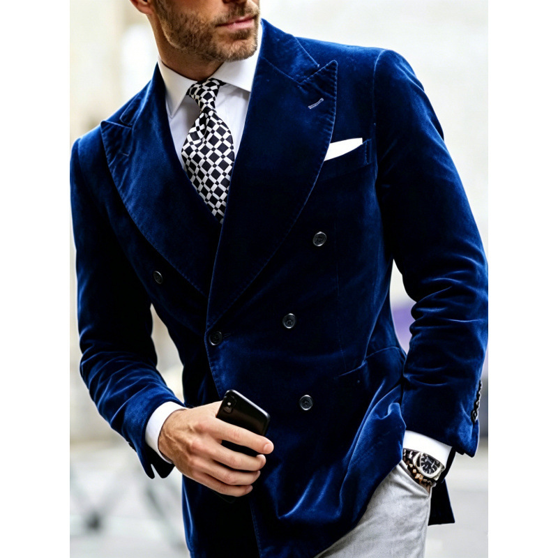 2026 New Men's Double-Breasted Velvet Suit Jacket Slim Fit Business Casual Formal Men's Suit Jacket
