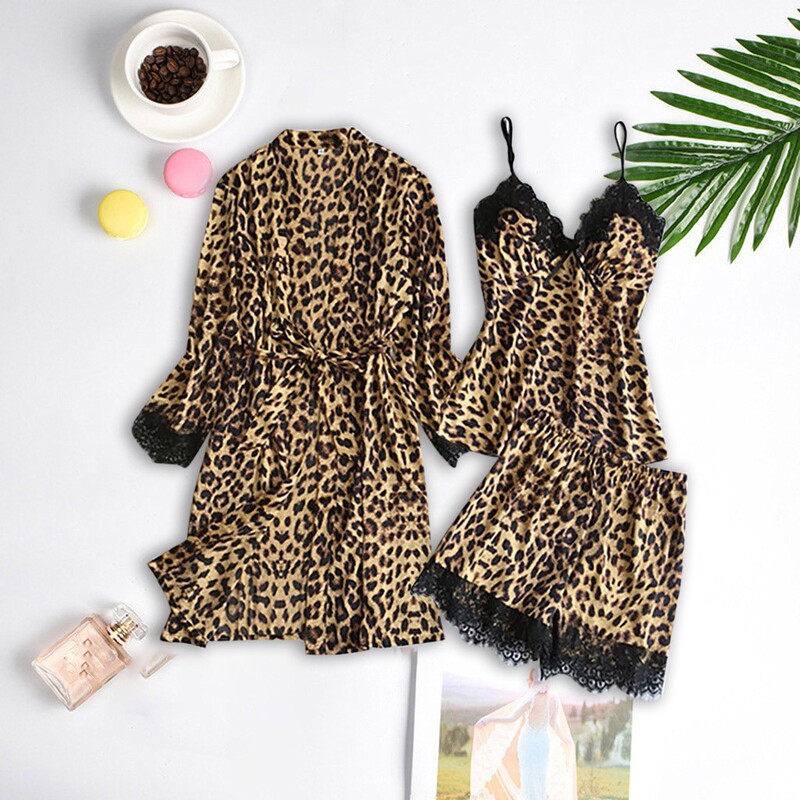 New European and American Imitation Silk Black Leopard Print Home Wear Pajamas Set Fashionable Lace Pajamas Set Wholesale