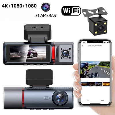Cross-Border 4K High-Definition Night Vision 3.19inch Dash Cam with Three Lenses Recording Simultaneously from the Front, Inside the Car, and from the Rear, with Wifi (Driving recorder)
