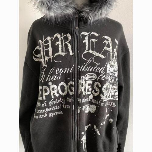 Vintage Black Hooded Sweatshirt with Letters, Autumn/Winter Dark Punk Padded Zip-Up Hoodie Sweatshirt with Wool Collar