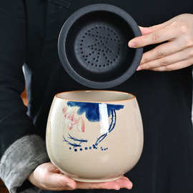 茶渣缸陶瓷茶洗建水过滤带盖废水缸孟大号桌面垃圾桶茶水分离批发