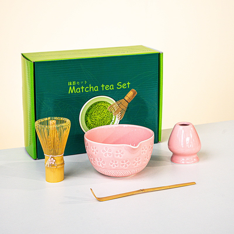 FJT 사쿠라 와이드 입 그릇 핑크 4개 세트(짙은 녹색 컬러 박스)