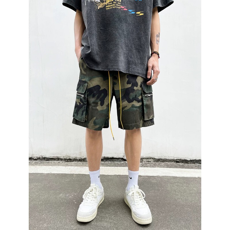 Summer High Street Camouflage Shorts for Men, Loose Straight-Leg Workwear, Trendy Casual Long Drawstring Multi-Pocket Five-Point Pants