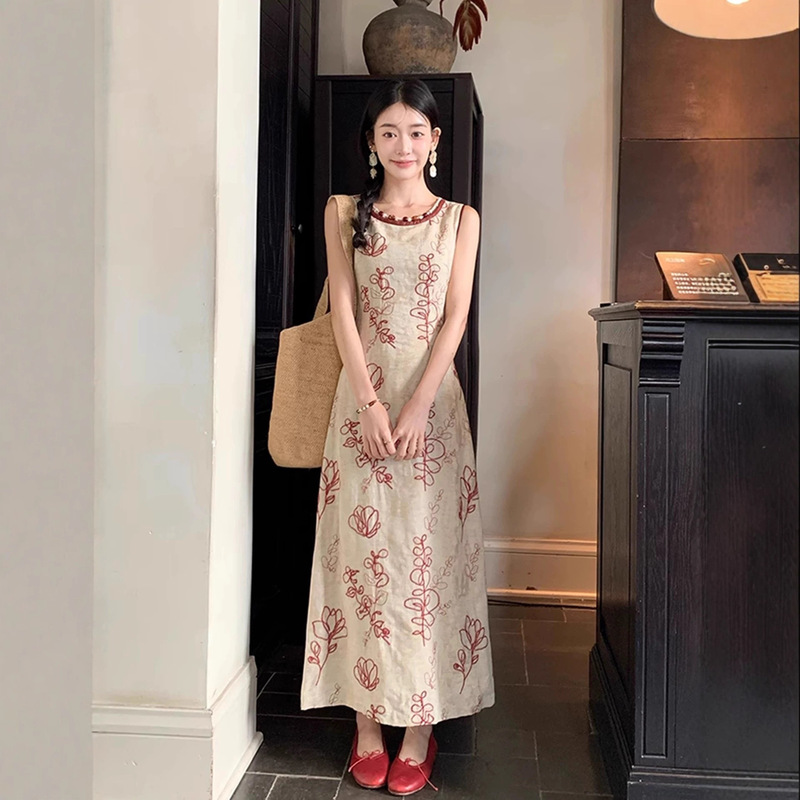 tt5810新中式国风印花无袖连衣裙女2025夏季时尚优雅气质显瘦长裙|undefined