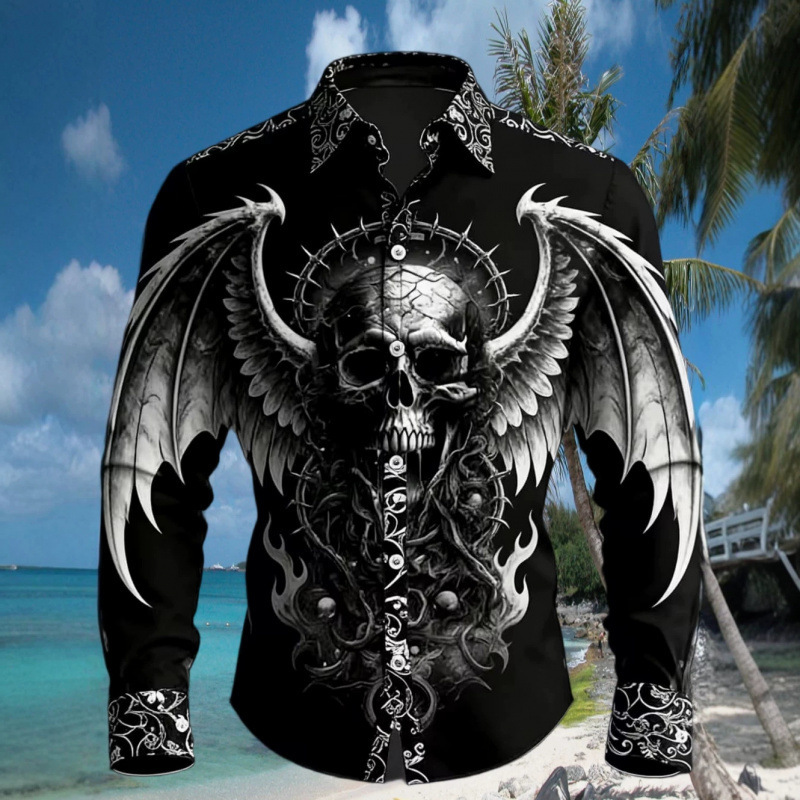 Hip-hop skull 3D printed shirt men's streetwear long-sleeve top trendy pattern T-shirt gothic style