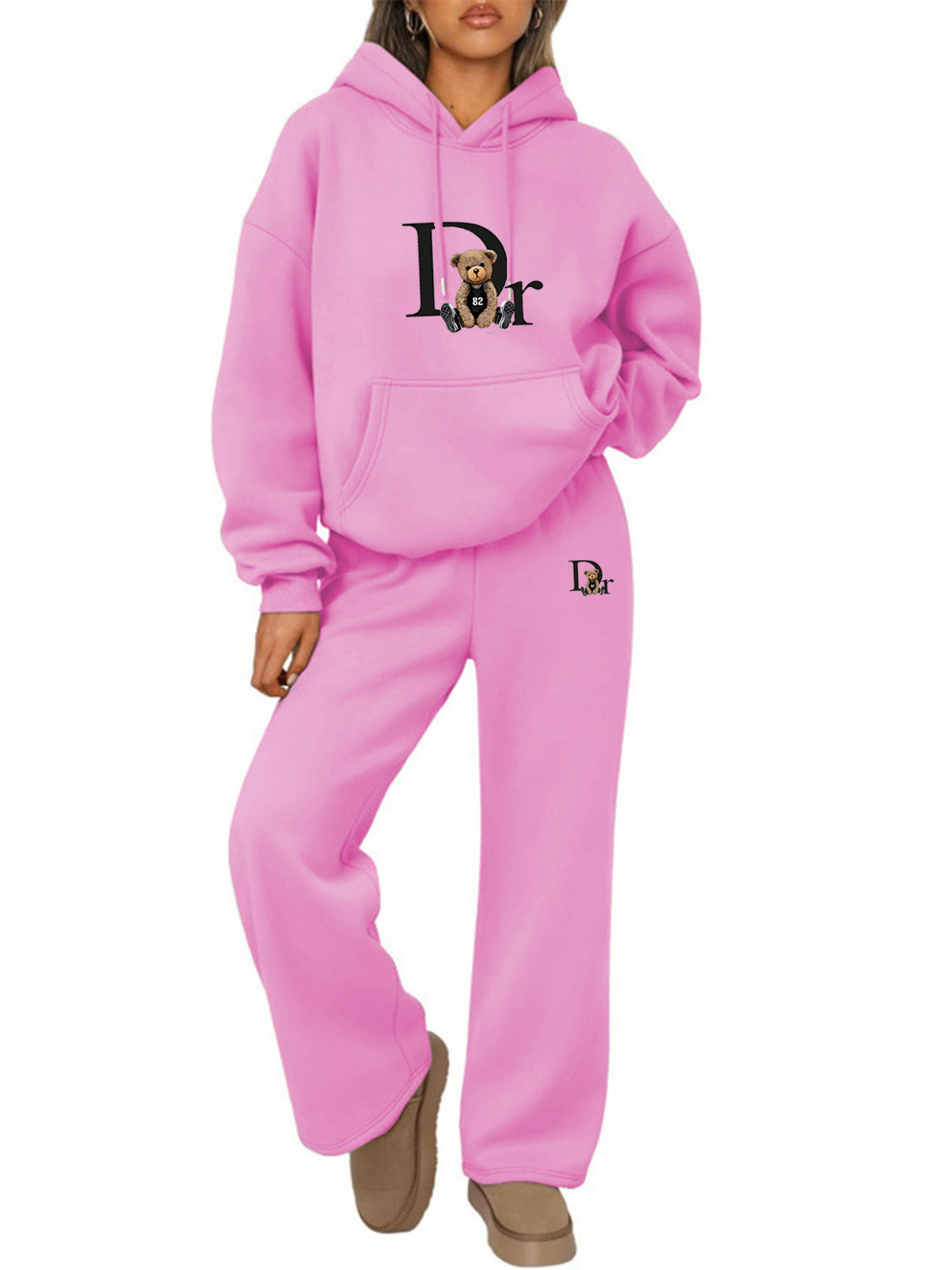 Conjunto de sudadera con capucha y pantalones de pierna ancha y rectos, con estampado de letras, de otoño e invierno, de comercio electrónico transfronterizo_voghion.com