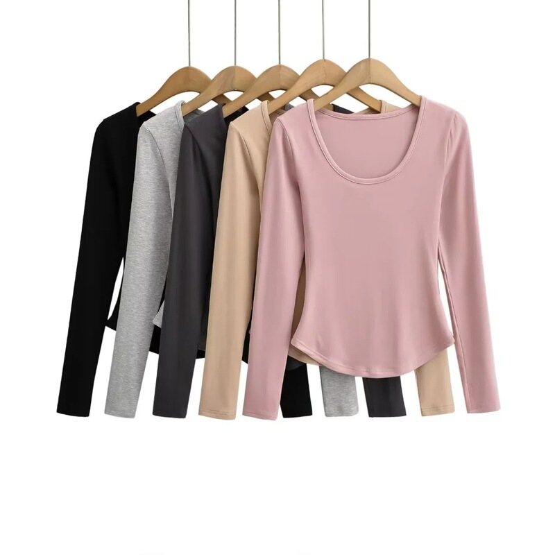 American Style Spice Girl Curved Hem Long Sleeve U-Neck Base Shirt Autumn New Slim-Fit Slimming Inner Tops T-Shirt