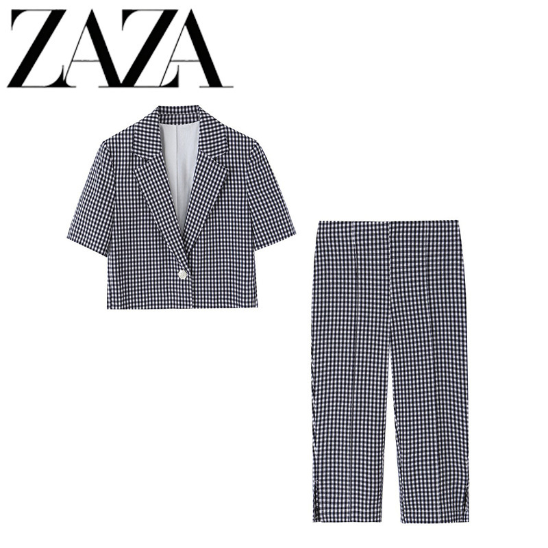 Zaza Self-Made European and American Style Wholesale Women's Clothing Fashionable Small Checkered Short Blazer + Plaid Capri Pants