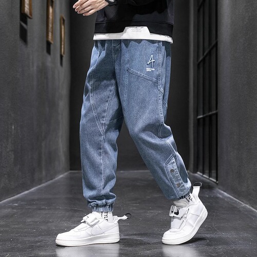 Large size plus fat plus fat plus men's pants, elastic Harlan loose overalls, casual jeans, men's