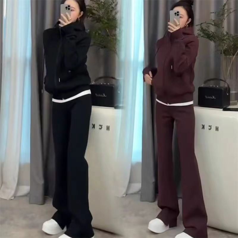 2025 Spring and Autumn Popular Casual Sportswear Suit Women's Hooded Slim Jacket Straight-Leg Wide Leg Pants Two-Piece Set
