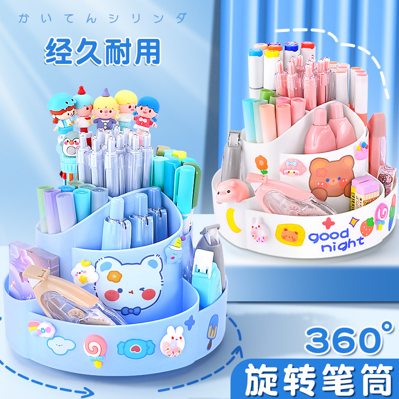 360 도 회전 펜 홀더 9 그리드 대용량 저장 상자 초등학교 학생 책상 펜 버킷 데스크탑 창조적 인 다기능