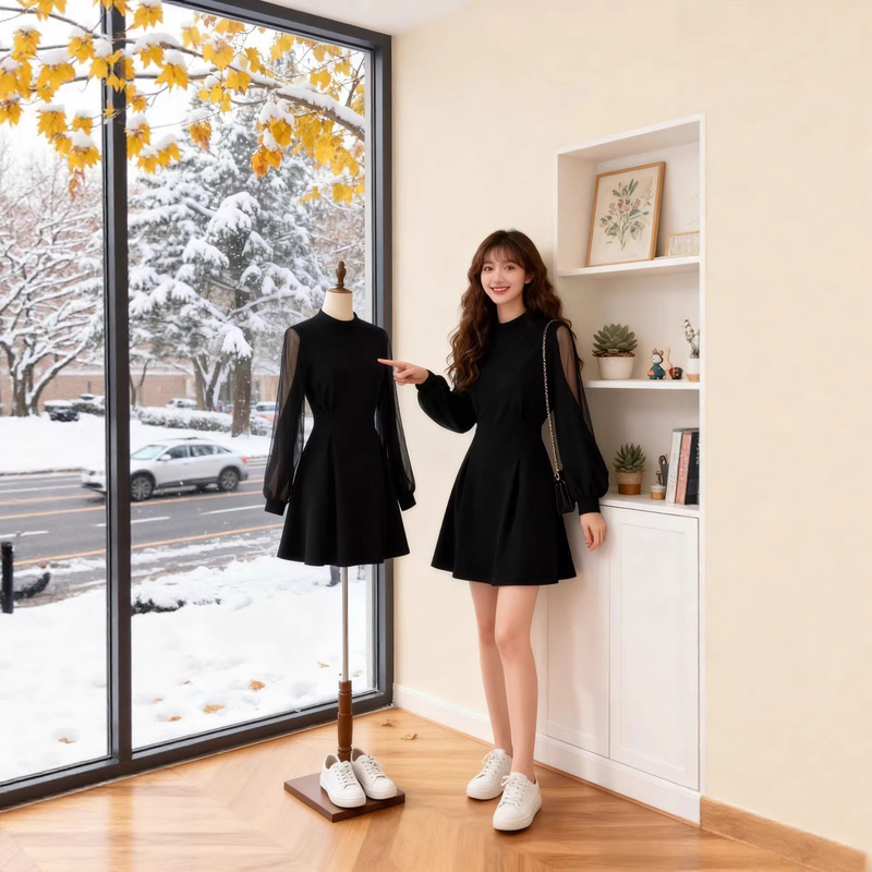 French-Style Long-Sleeve Dress with a High-End Feel for Petite Women, Waist-Cinching, Elegant, Slim-Fit, Short Dress, Women's Short Dress