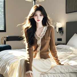 2025美拉德棕色蕾丝边V领毛衣针织开衫秋冬季女装独特别致上衣