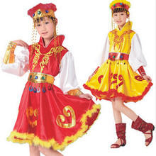 2021夏季兒童節草原舞民族舞台蒙古舞表演演出服裝女童民族風紅黃