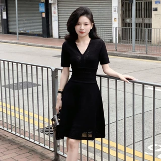 夏季镂空超仙女小个子气质女神范法式小香风冰丝针织短袖连衣裙女
