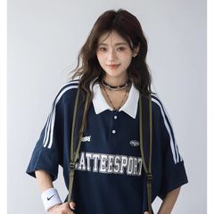 アメリカンストリートワッフルカラーブロックカレッジスタイルポロカラー半袖Tシャツレディース夏ゆったり万能カップルトップス