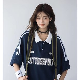 American Street Waffle Color Matching Preppy Style Polo Collar Short-Sleeved T-Shirt for Women Summer Loose and Versatile Couple Tops