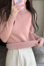 秋冬季半高领加绒加厚上衣女保暖内搭圆修身长袖针织打底衫毛衣女