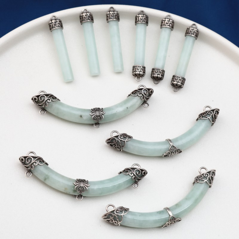 纯银翡翠双环半弯月牙弯管配件 复古做旧回纹圆珠双环吊坠DIY配饰