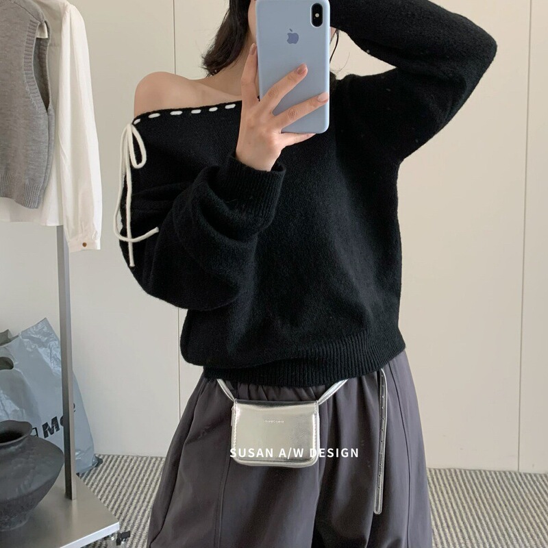韩系设计感斜肩抽绳圆领毛衣女士秋冬季2025新款显瘦百搭套头上衣|undefined