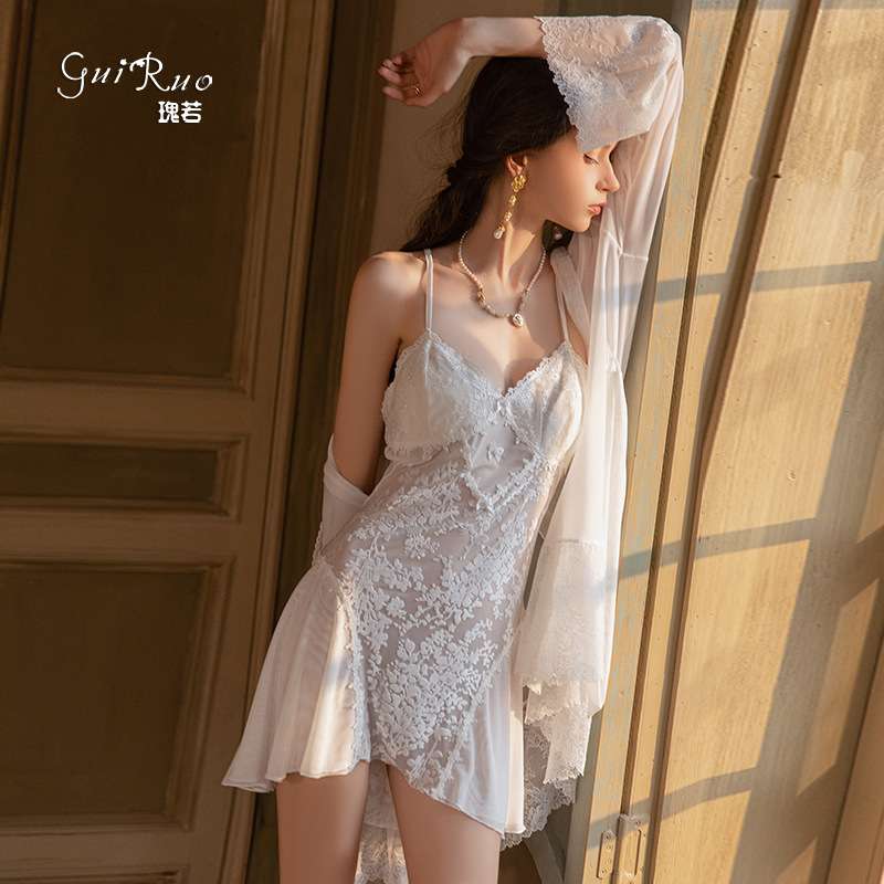 Dz Graceful Pure Desire Sheer Lace with Padded Velvet Burnout Nightgown and Robe Homewear Set M6898