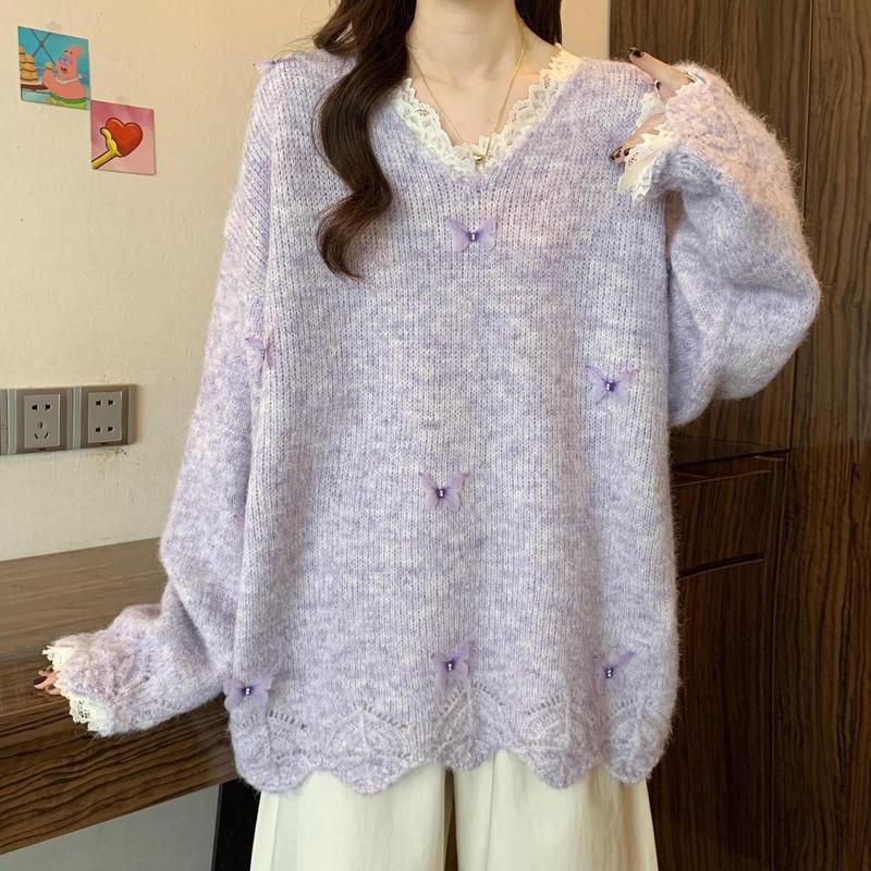 秋冬蕾丝蝴蝶针织衫新款设计紫色立体外套毛衣宽松显瘦慵懒上衣|undefined