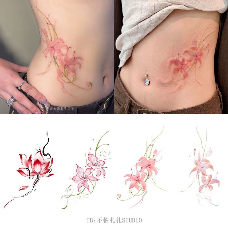 Popular Floral Waist Wrap Colorful Tattoo Stickers Waterproof Long-Lasting Women's Sexy Hot Girl Side Waist Thigh Scar Cover