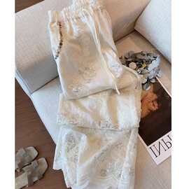 新中式重工刺绣亮片钉珠阔腿裤女夏季新款高级气质显瘦薄款直筒裤
