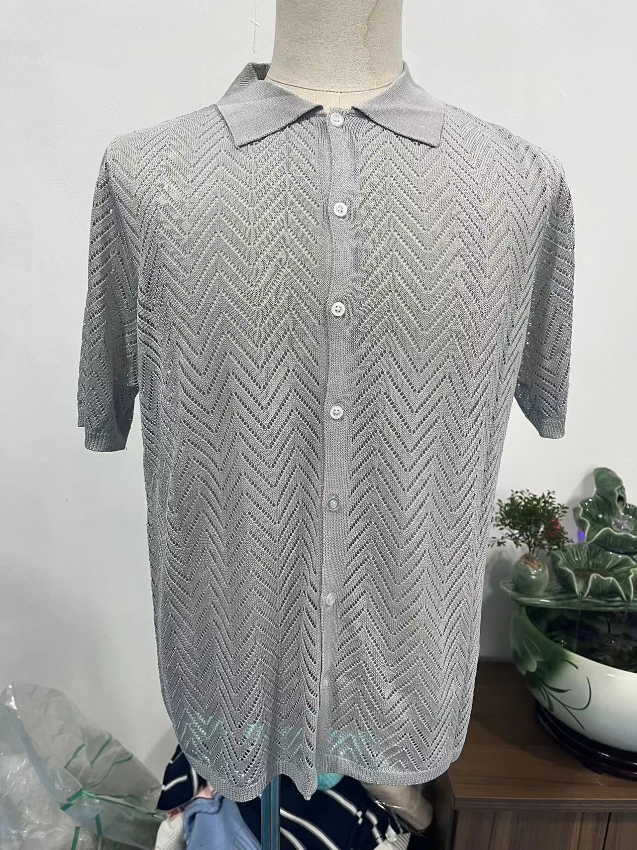 Summer New European And American Casual Knitted Short-sleeve Shirt, Cardigan, Solid Color Hollow Top Men's Clothing_voghion.com