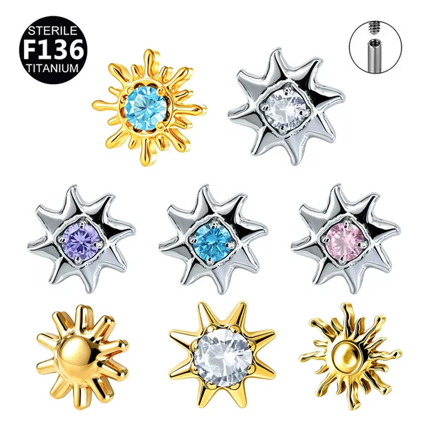 F136 Titanium Alloy Ins Exquisite Japanese-Style Sunflower Internal Thread Lip Stud Ear Stud Ear Cartilage Stud Piercing Jewelry 0.9 Thread