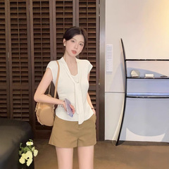 韓国系リボンスリム半袖ニットtシャツ女装夏腰気質御姐軽熟風vネック上着