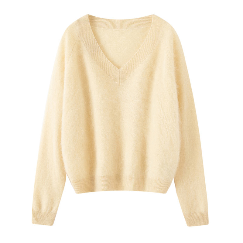 Autumn and Winter Brushed 100% Pure Cashmere Knitted Bottoming Shirt Wide V Neck Pullover Women's Sweater Skin-Friendly Inner Top