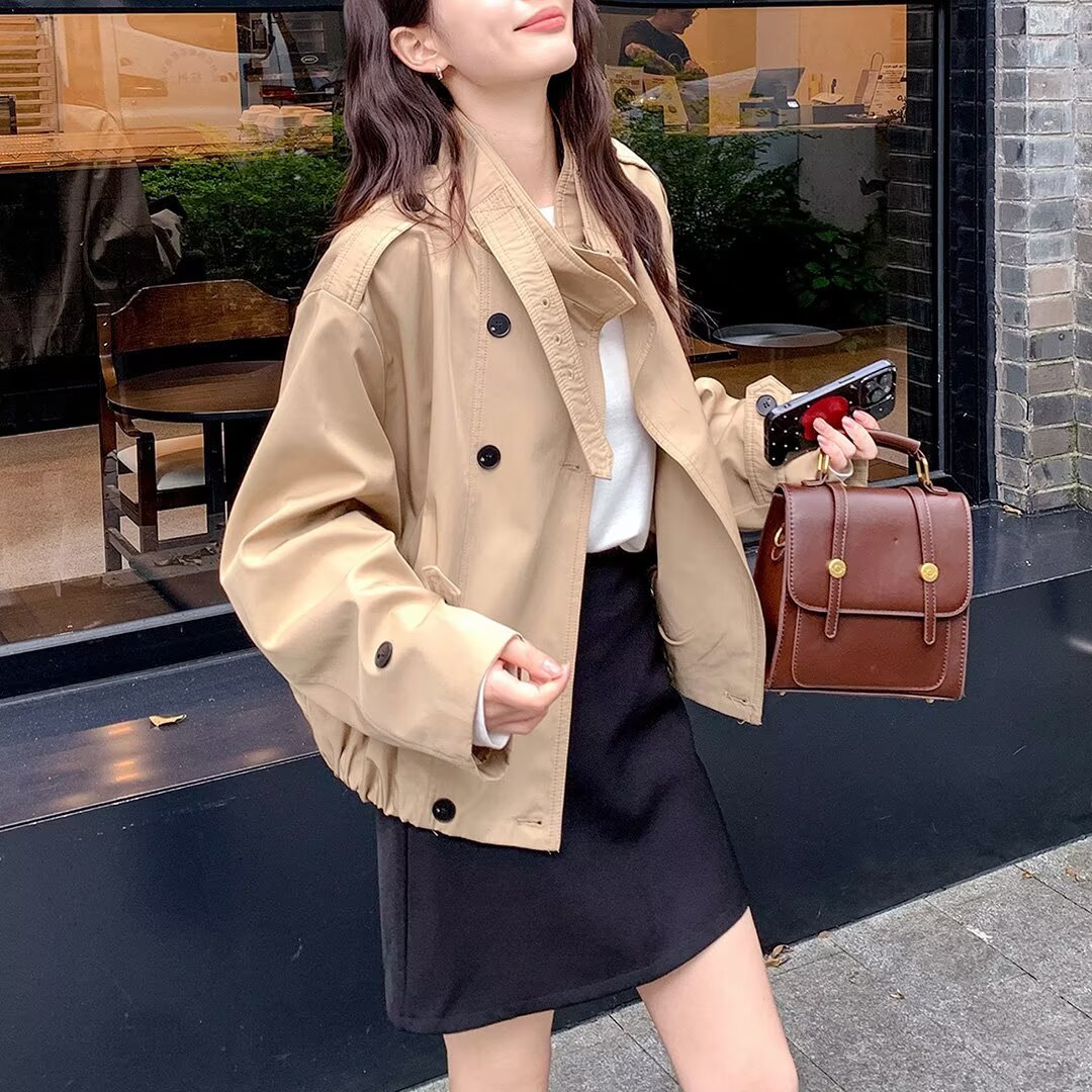 Khaki Short Trench Coat for Petite Women, Spring and Autumn 2025 New Korean Style High-End Casual Stand Collar Jacket