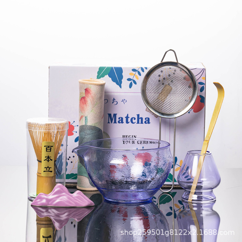 跨境专供日式新款玻璃抹茶碗套装点茶工具茶筅立玻璃碗组盒套装|undefined