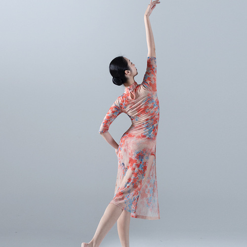  new summer short-sleeved cheongsam dance clothes, printed high-cross stand collar, plum blossom buttons, classical dance group practice clothes