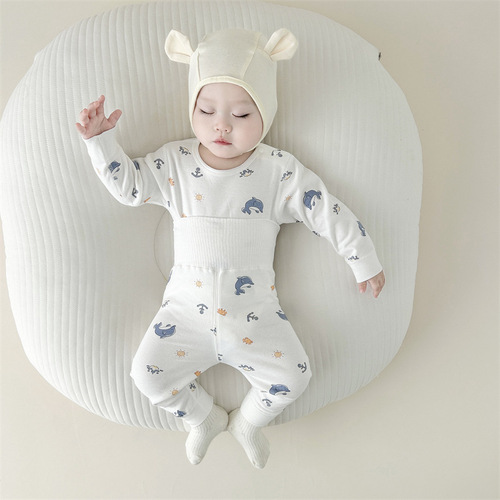 Infant underwear, autumn clothes, autumn and winter pure cotton boneless split suits for men and women, high-waisted belly-protecting pajamas
