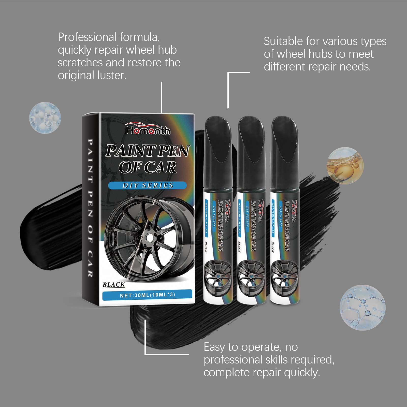Homonth Black Car Wheel Scratch Repair Pen Car Paint Scratch Removal and Repair Touch-Up Pen