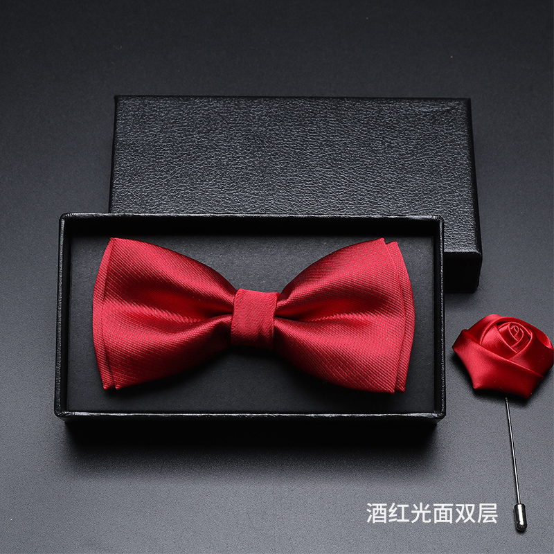 버건디 글로시 더블 레이어 보타이 (선물박스 + 코사지)