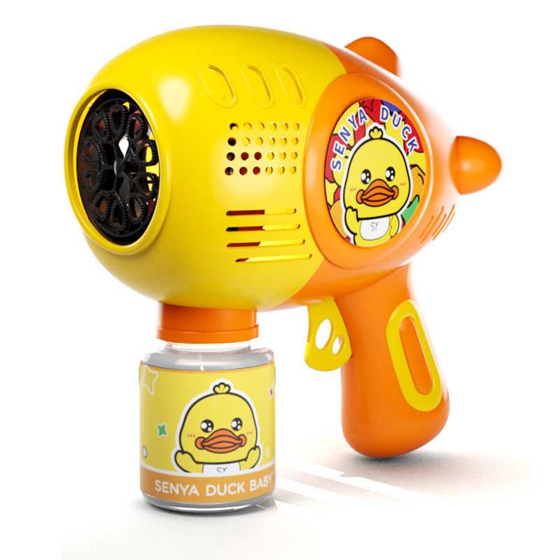 Red Gatlin Yellow Duck Blowing Bubble Gun Máquina de burbujas automática eléctrica Venta al por mayor Juguetes de parque para niños