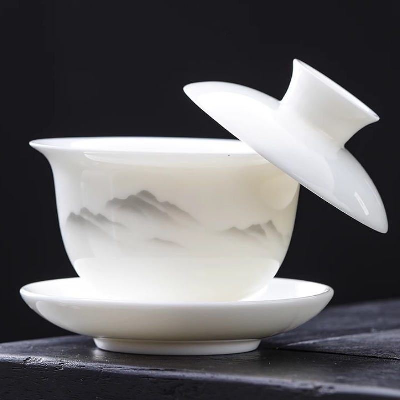 White Porcelain with a Jade-Like Luster, Can Be Suspended and Rotated, Three-Piece Lid Bowl Set, High-End Anti-Scalding Ceramic Tea Set, Tea Bowl, Single Tea Cup White Porcelain with a Jade-Like Luster, Can Be Suspended and Rotated, Three-Piece Lid Bowl Set, High-End Anti-Scalding Ceramic Tea Set, Tea Bowl, Single Tea Cup
