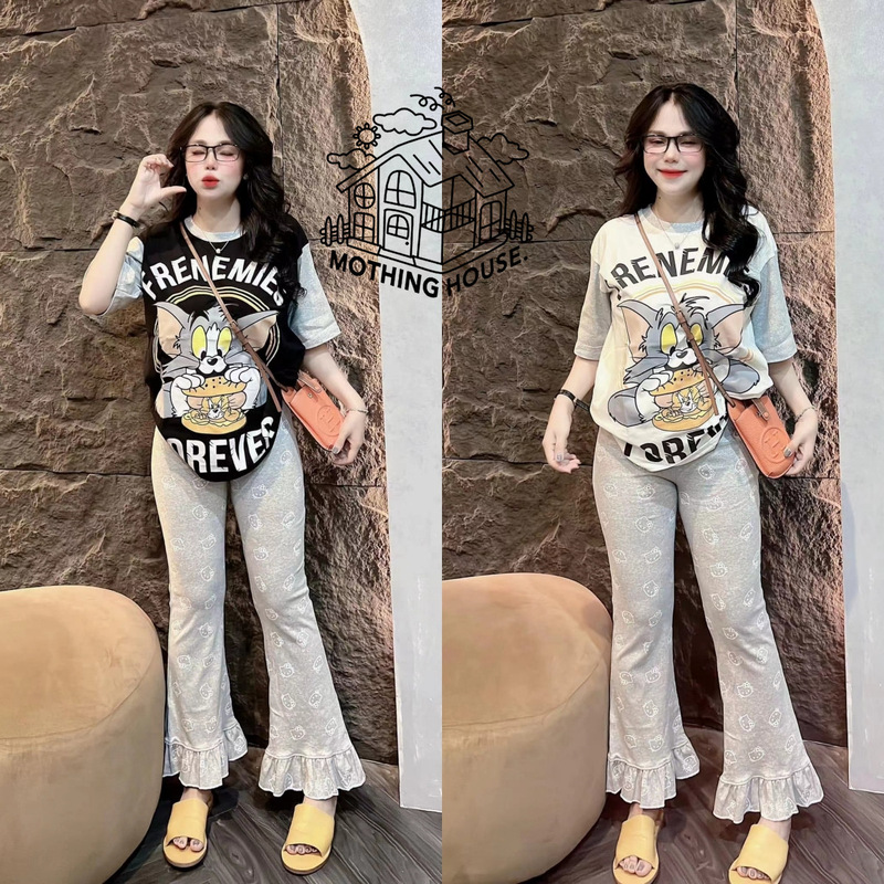 Korean Style Casual suit Women's Summer New Cute Cat and Mouse Printed Short-sleeved Lace Wide-leg Pants Two-piece Fashionable Set Korean Style Casual suit Women's Summer New Cute Cat and Mouse Printed Short-sleeved Lace Wide-leg Pants Two-piece Fashionable Set
