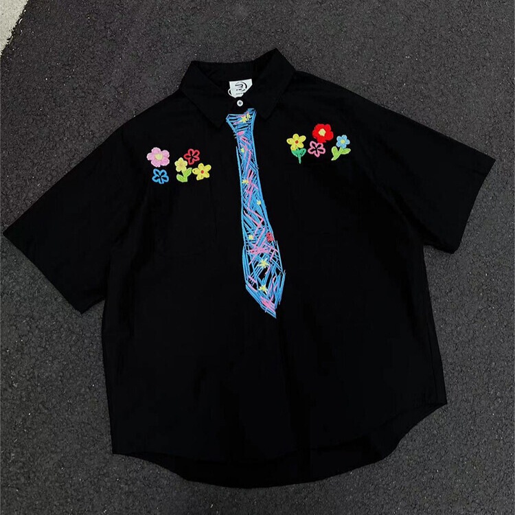American-Style Crayon Graffiti Tie Short-Sleeve Shirt for Men, Summer Niche Floral Embroidery Cleanfit Design Top