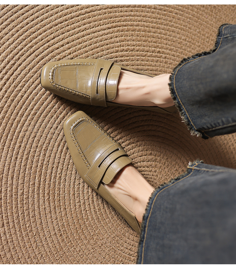 Giày loafer nữ da dê mũi vuông gót thấp cổ điển — đen chi tiết 8