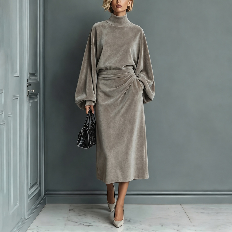 2026 Independent Brand European and American Cross-Border Autumn/Winter New Women's High-Neck Velvet Long-Sleeve Midi Dress Elegant Style 2026 Independent Brand European and American Cross-Border Autumn/Winter New Women's High-Neck Velvet Long-Sleeve Midi Dress Elegant Style