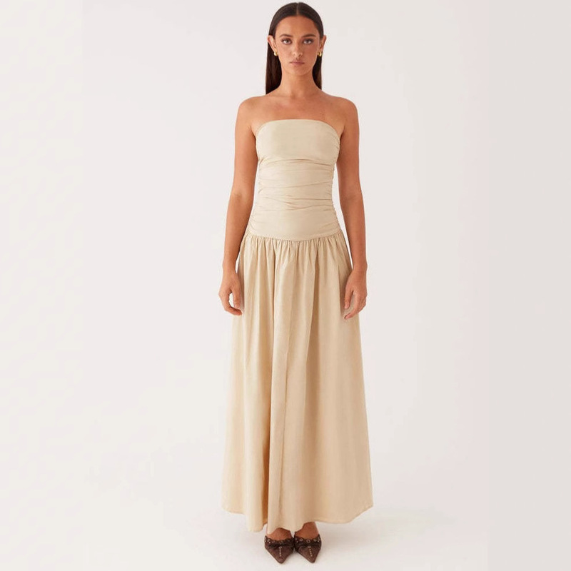 European and American Women's Summer Amazon New Elegant Retro High-end Printed Strapless Pleated Stitching Dress
