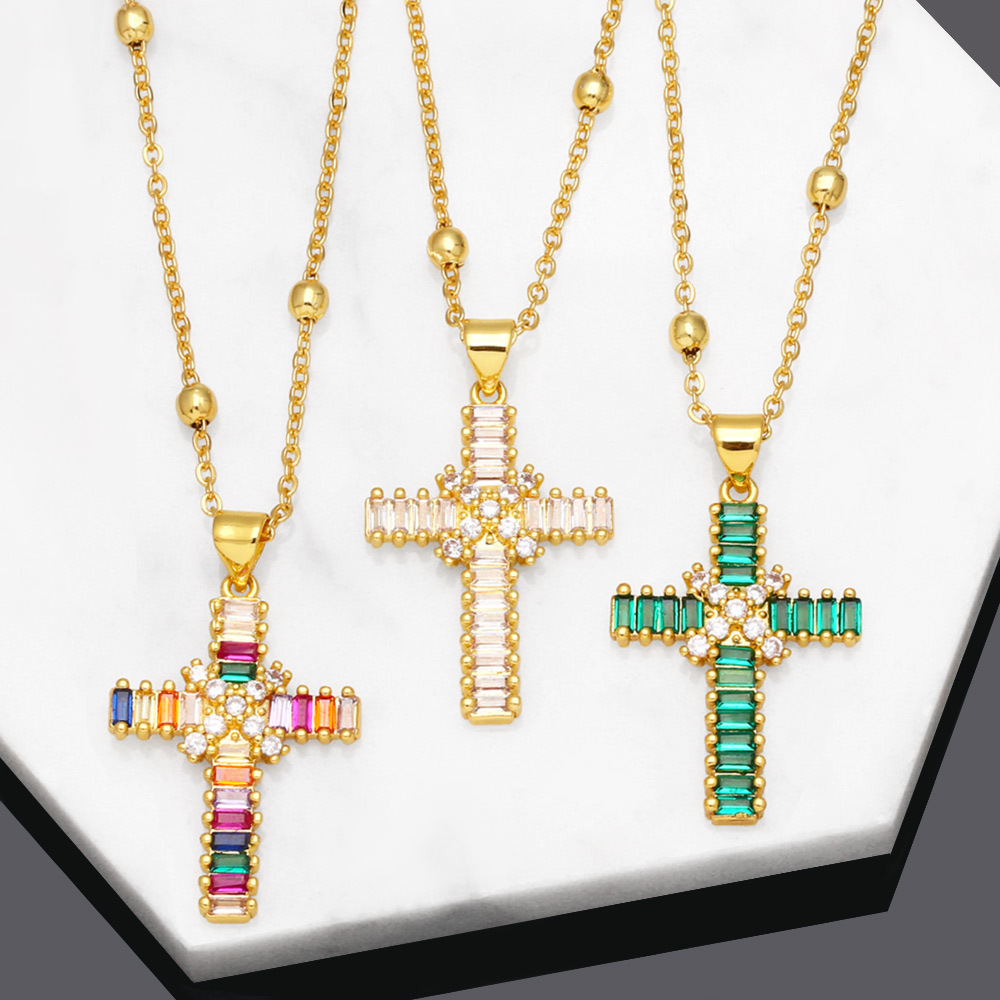 Fashion Cross Copper Pendant Necklace Inlay Zircon Copper Necklaces