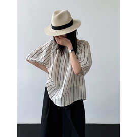 LUXI 韩系慵懒风条纹短袖T恤女夏季新宽松显瘦泡泡袖小衫上衣5235